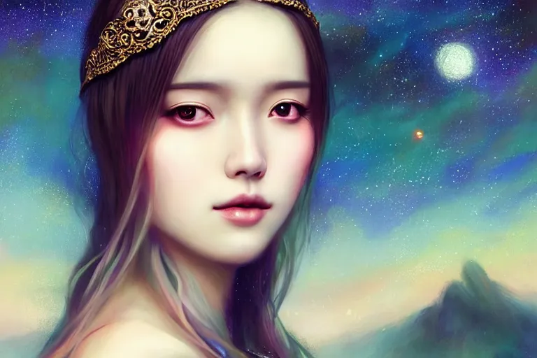 Prompt: masterpiece portrait charming and miracle female luxury astromancer boho accessories in dreamlike movie, kpop, miracle, uhd, medium long shot, fantasy, big major starry sky and city in background, twlight, no distorsion, sharp focus, high detailed face, beautiful eyes, art by artgerm, greg rutkowski, sasoura, satchely,
