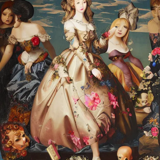 Prompt: oil painting heavy brushstrokes, renaissance, baroque, group of creepy young ladies wearing renaissance long harajuku manga dress with flowers and skulls, background chaotic flowers