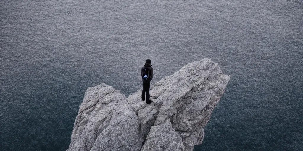 Prompt: Moebius art stryle of a solo backpacker standing on the edge of the world, intense, peace, epic, Thriller, serenity, ready, calm, resolution, apipheny, serendipity, high, clenching, ultra, 8k, HD, detailed, cinematic, dramatic, lighting, bright limited color palette, in focus, sharp, landscape