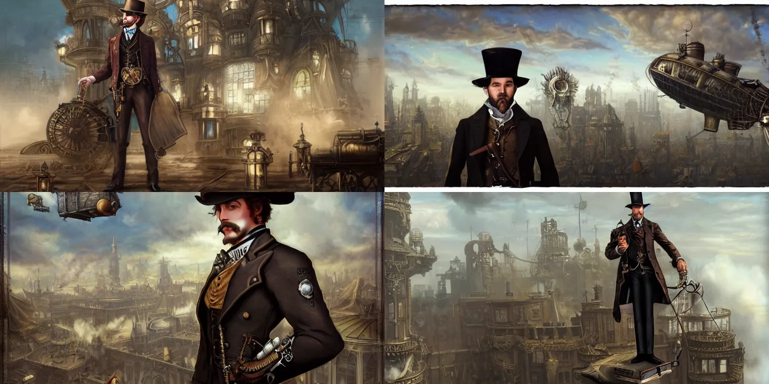 Prompt: portrait of a steampunk gentleman gunslinger in hat posing on roof, matte painting of steam machines airships on background, by Antonio Caparo and tyler edlin and lindsey look, victorian, concept art, steam romance, steam-punk illustration, detailed, 4k resolution, trending on artstation