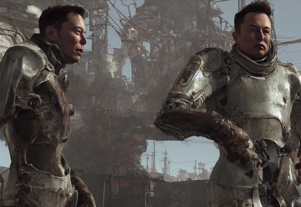 Image similar to elon musk in the video game in fallout 4, apocalyptic wastland, close up, 3 d rendering. unreal engine. amazing likeness. very detailed.