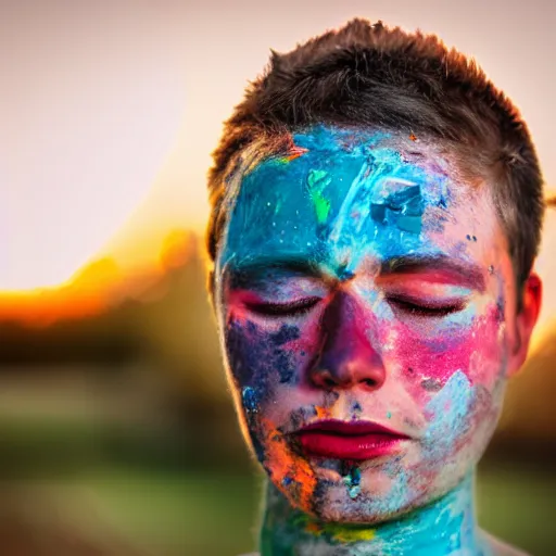 Image similar to 100mm bokeh realistic outdoors photo of a young adult with various colors of paint smeared on their face, eyes closed, sunset behind them, HDR cinematic lens