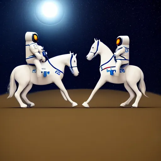 Image similar to an astronaut standing on the ground and a small trippy aggressive centaur standing on that poor human being standing on all fours astronaut raising his arms up, really trying to ride it, the horse is on his shoulders and grabbing them, minimalist style, 3 d render, isometry