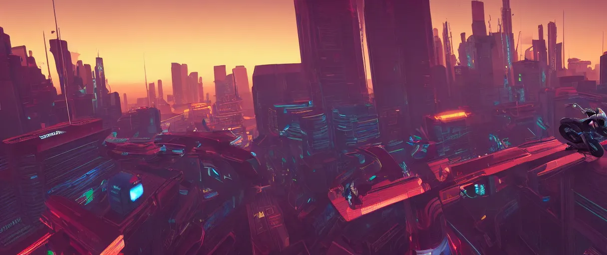 Prompt: an android on a flying motorcycle in a glowing neon cyberpunk retro futurism city at dawn by Ralph McQuarrie, unreal engine:.2, cinematic atmosphere:.3, establishing shot viewed from above:.6