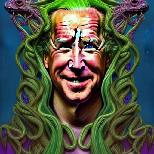 Image similar to an extremely psychedelic portrait of joe biden as medusa, surreal, lsd, face, detailed, intricate, elegant, lithe, highly detailed, digital painting, artstation, concept art, smooth, sharp focus, illustration