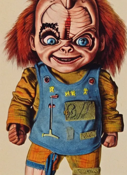 Image similar to vintage medical anatomical illustration of chucky from child's play ( 1 9 8 6 ), highly detailed, labels, intricate writing