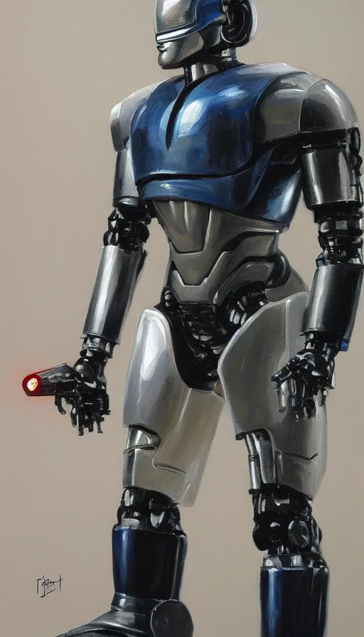 Prompt: robocop, heroic pose, oil painting, rim lighting, by jeff smith
