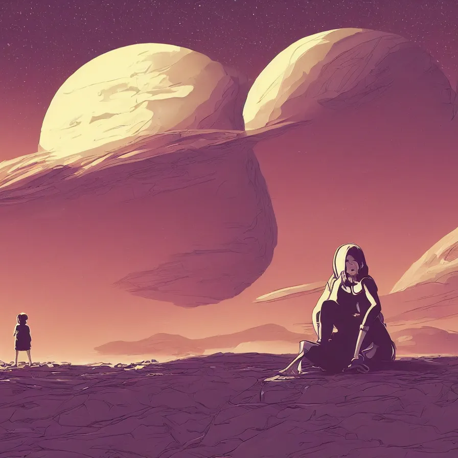 Image similar to very detailed, prophet graphic novel, ilya kuvshinov, mcbess, rutkowski, simon roy, illustration of a girl sitting alone on the surface of mars while staring at her phone, wide shot, colorful, deep shadows, astrophotography, award winning