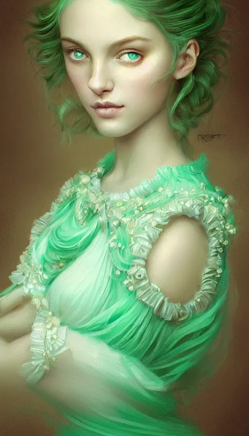 Image similar to Portrait of dreamy and ethereal women with light green eyes wearing mint green ornate frilly dress, peaceful expression, fantasy, intricate, elegant, beautiful, digital art, beautiful dynamic lighting, golden ratio, highly detailed, digital painting, trending on artstation, concept art, smooth, sharp focus, illustration, photo realistic, art by artgerm and greg rutkowski and alphonse mucha 8K