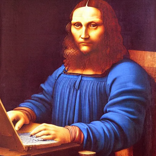 Prompt: an oil painting of leonardo da vinci in his laptop generating his masterpiece using artificial intelligence, matte painting