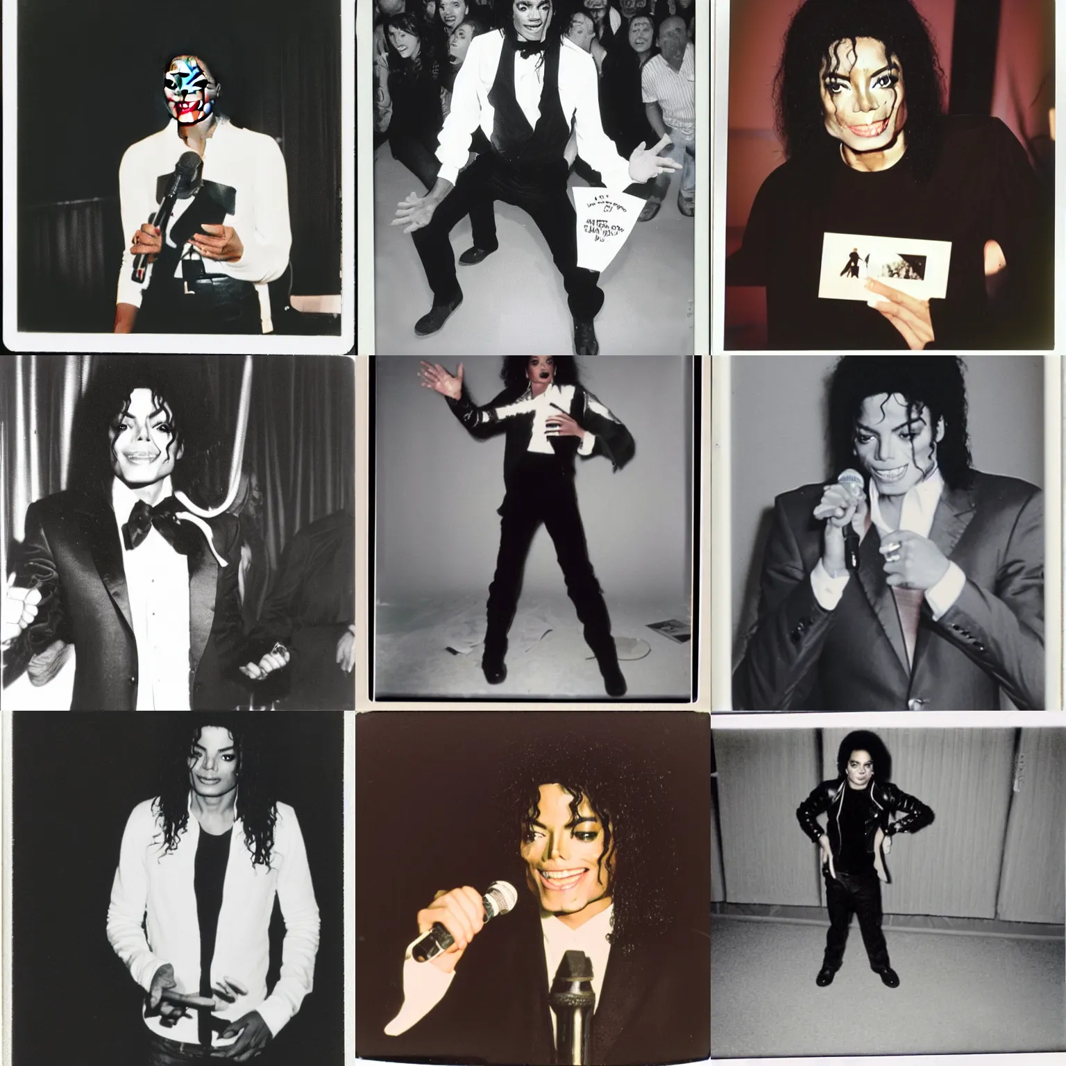 Prompt: Michael Jackson doing stand-up comedy, polaroid photo