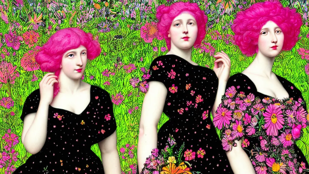 Prompt: photo-realistic portrait of two young women with neon pink hair, wearing a black dress by Vivienne Westwood, standing in a garden full of psychedelic flowers, intricate details, in the style of John William Godward, black background