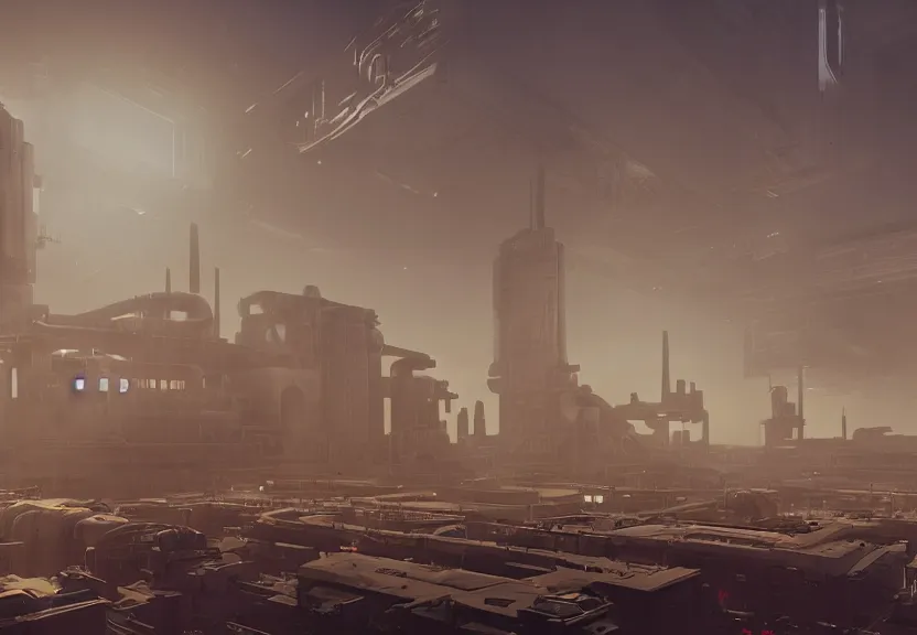 prompthunt: a minimalist scifi brutalist maschinen krieger robot factory at  the golden hour with columns of steam, ilm, beeple, star citizen halo, mass  effect, bladerunner, elysium