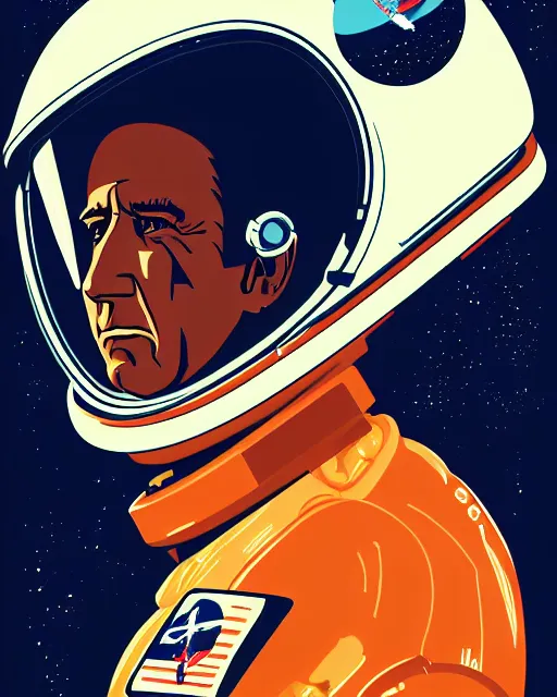 Image similar to joe biden 2 6 years old astronaut, retro space helmet, forbidden planet 1 9 5 6, retro futurism 1 9 5 0 s, half portrait by stanley artgerm, dramatic lighting, ilya kuvshinov, trending on artstation, flat colour, geometric curves, gradient filter, pleasing tone colours, space walk, by conrad roset