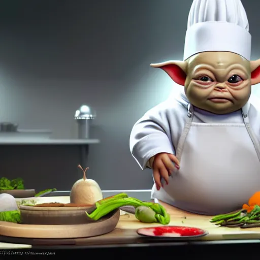 Prompt: curious mouth agape innocent tiny overweight chubby baby yoda as chef wearing white chefs hat and white apron, offering a plate of food, vegetables, photography, hyperrealism, unreal engine, octane 3 d render, houdini, unity 3 d, highres, adobe premier pro, trending on artstation, trending on deviantart