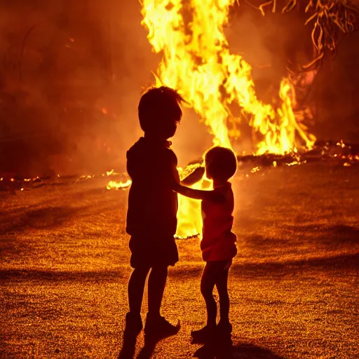 Image similar to a dragon saving a child from a fire, dramatic photography, silhouette, bokeh