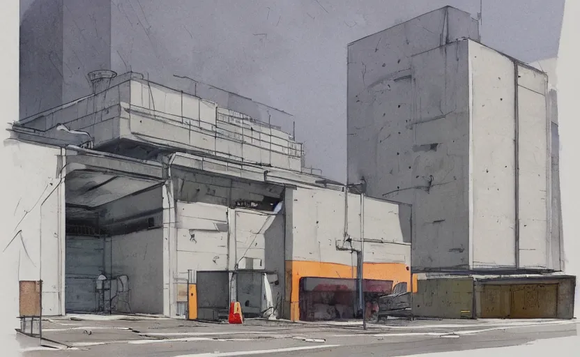 Image similar to concept art of a concrete factory exterior, pinterest, artstation trending, behance, watercolor, by coby whitmore, silver, laser light,