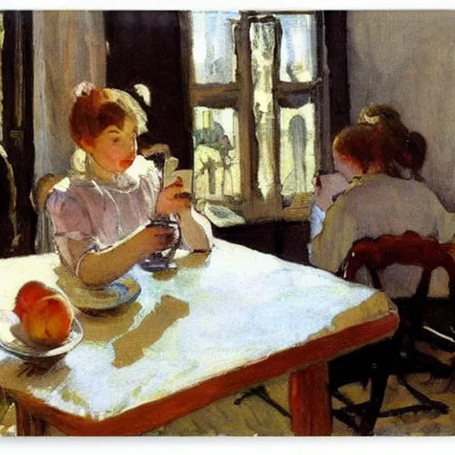 Prompt: a girl with phones and peaches on a table sits at a table in a sunny room, the window is open, by valentin serov