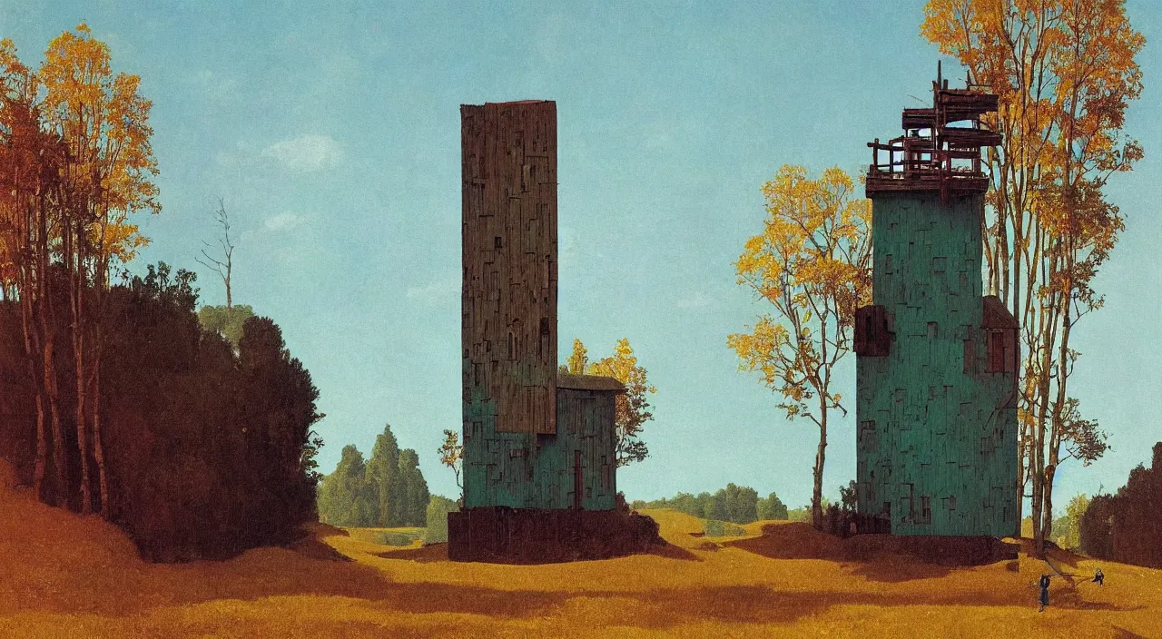 Prompt: single flooded simple wooden birch tower, very coherent and colorful high contrast!! masterpiece by rene magritte simon stalenhag carl spitzweg syd mead norman rockwell edward hopper james gilleard, minimalist, dark shadows, sunny day, hard lighting