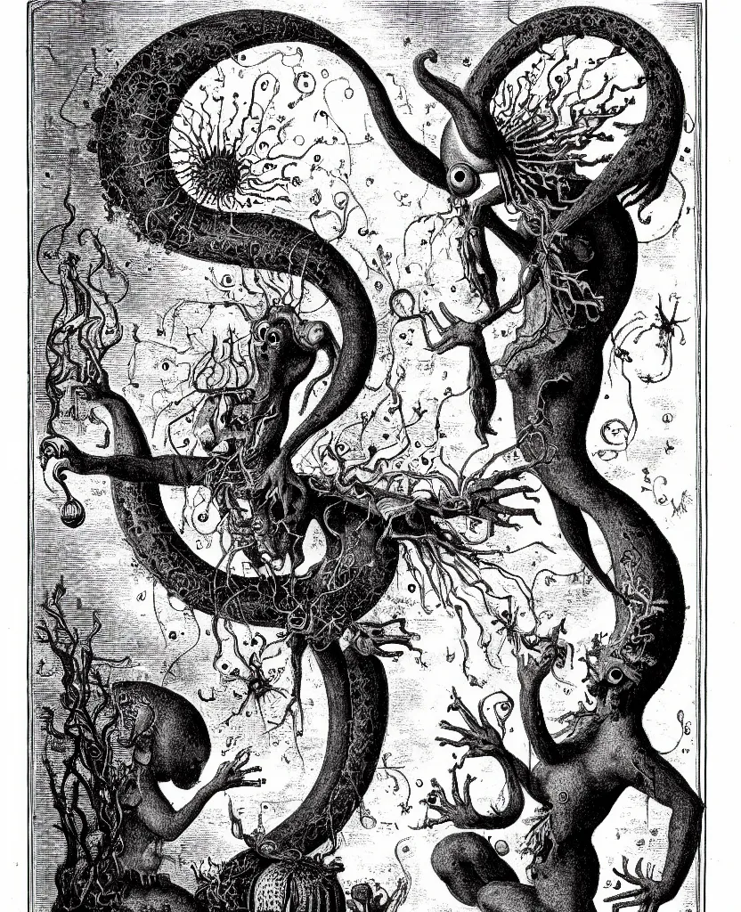 Image similar to whimsical freaky creature sings a unique canto about'as above so below'being ignited by the spirit of haeckel and robert fludd, breakthrough is iminent, glory be to the magic within