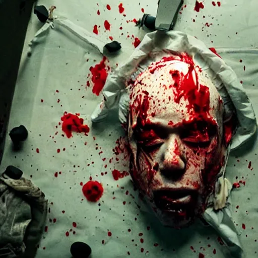 Prompt: filmic dutch angle movie still 4k UHD 35mm film color photograph of a freshly severed head with a pained expression, wearing a surgical mask , head is sideways on the floor soaked in blood, in the style of an extreme grotesque splatter horror movie