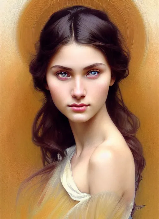 Image similar to beautiful ukrainian feminine face! portrait of young woman blessed by god with ever - increasing physical and mental perfection, beautiful hair, symmetrical! intricate, elegant, highly detailed, vision of holy perfection!! smile, digital painting, artstation, concept art, smooth, sharp focus, illustration, art by artgerm and greg rutkowski and alphonse mucha