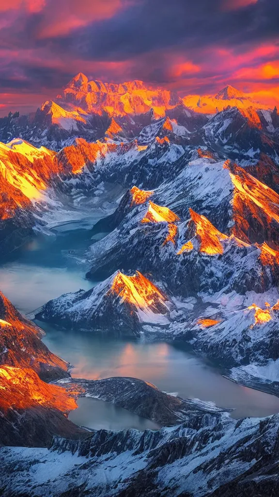 Image similar to amazing landscape photo of mountains with lake in sunset by marc adamus, beautiful dramatic lighting