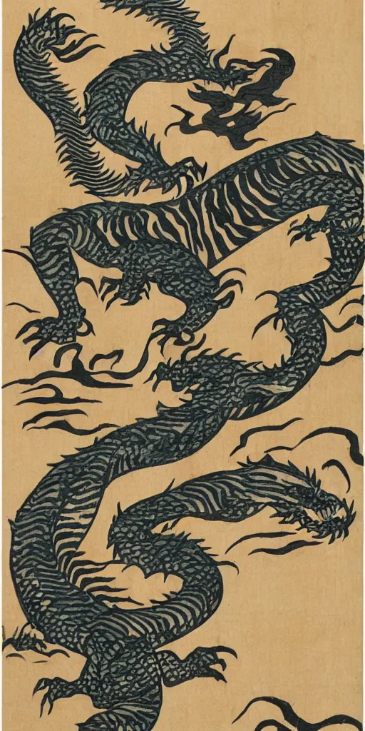 Image similar to japanese woodblock style paper scroll of a tiger transforming into a dragon