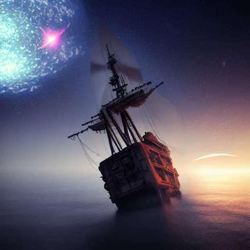 Prompt: a ghost ship with galaxies in the sky ,highly detailed, 4k, HDR, award-winning, artstation, octane render
