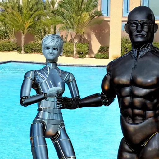 Image similar to a realistic detailed photo of a guy who is an attractive humanoid who is half robot and half humanoid, who is a male android, wrestler bo nickal, shiny skin, posing like a statue, blank stare, by the pool, on display, showing off his muscles, humanoid robot, frozen ice statue