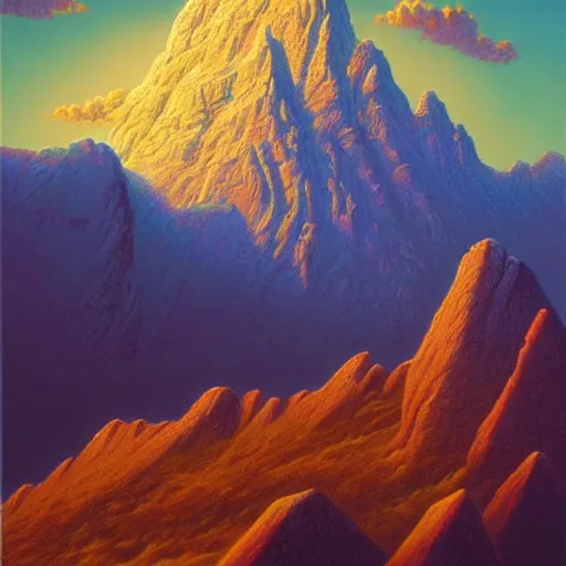 Prompt: mountains in the sky, by Tim Hildebrandt outrun trending on artstation