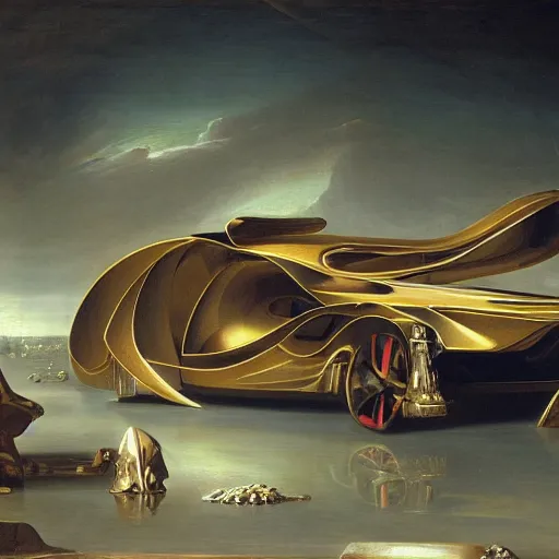 Image similar to sci-fi car dynamic organic forms structure car and wall structure in the coronation of napoleon painting by Jacques-Louis David black ceramic material shiny gloss water reflections search pinterest keyshot product render 4k