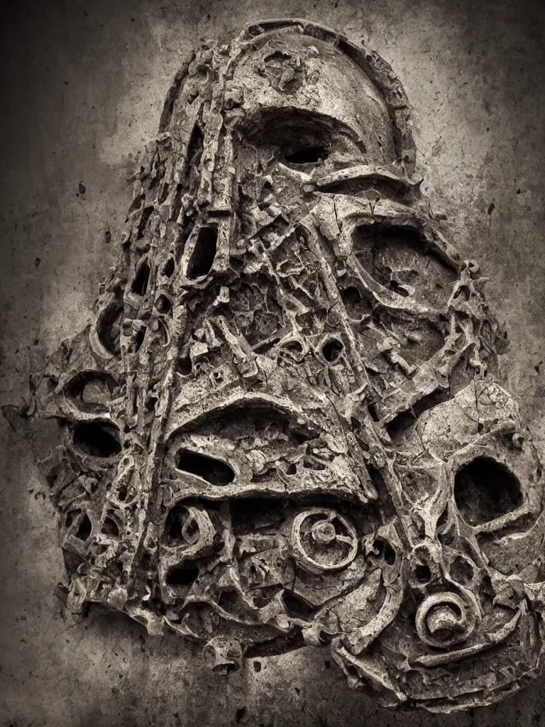 Image similar to extra wide view. an ominous dark ancient mask. barron. worn out photography. sepia. cracks. hyper - detailed. gothic steampunk. low poly medieval baroque. symmetric. epic. hyper - realistic. unreal render.