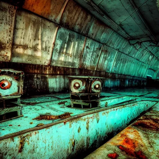 Image similar to abandoned rusty underwater theme park, surreal, horror, eerie, creepy, murky water, underwater, underwater photography, dark, submechanophobia, distant shark,