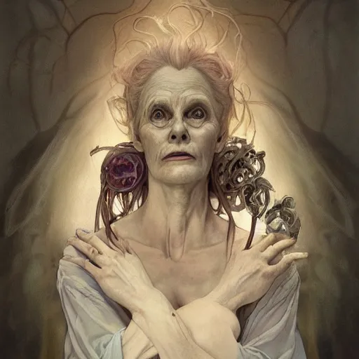 Image similar to beautiful lifelike award winning pencil illustration of scary vivienne westwood as an eldritch horror lovecraftian trending on art station artgerm greg rutkowski alphonse mucha museum quality cinematic atmospheric