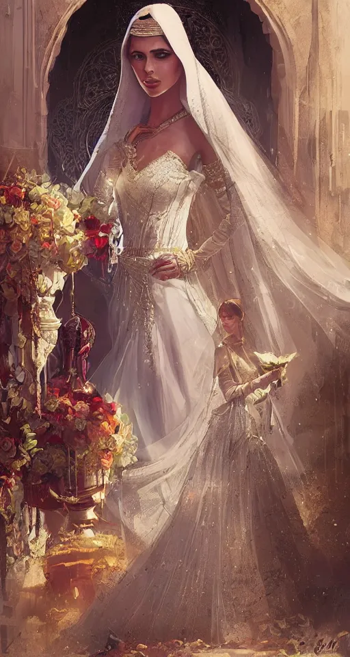 Prompt: arabian princess wedding day, digital art,ultra realistic,ultra detailed, ultra wide Lens, art by greg rutkowski