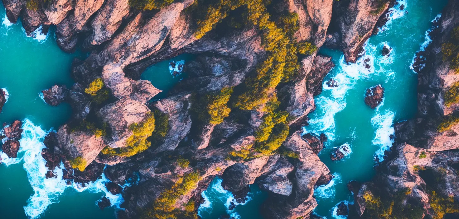 Image similar to nature landscape, aerial view, drone photography, cinematic, mountains and ocean