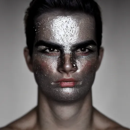 Prompt: a close up portrait of a beautiful athletic young persian male with his face covered in silver leaf , photographed by erwin olaf, artistic