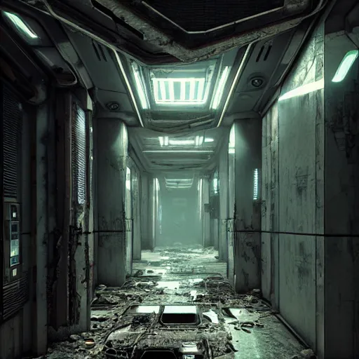 Image similar to abandoned and desecrated hallway in a cyberpunk spaceship, ultra realistic, concept art, intricate details, eerie, highly detailed, photorealistic, octane render, 8k, unreal engine, art by Vita Wen