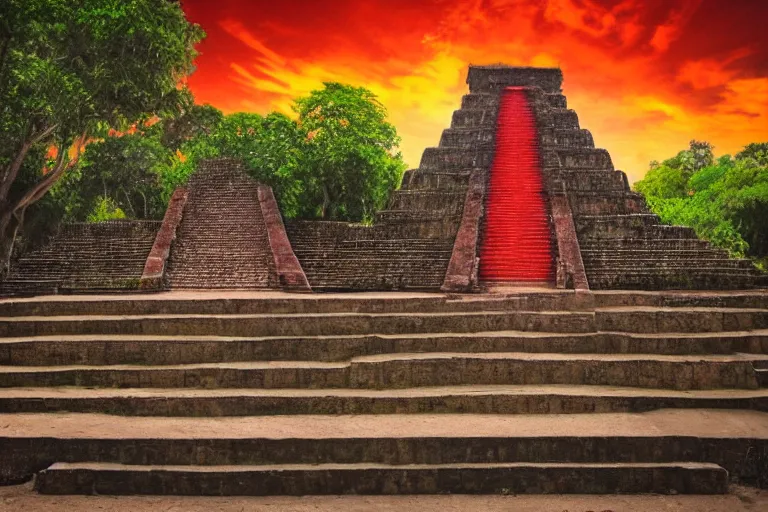 Image similar to ornate detailed aztec temple, flowing blood down steps, jungle setting, red sunset sky