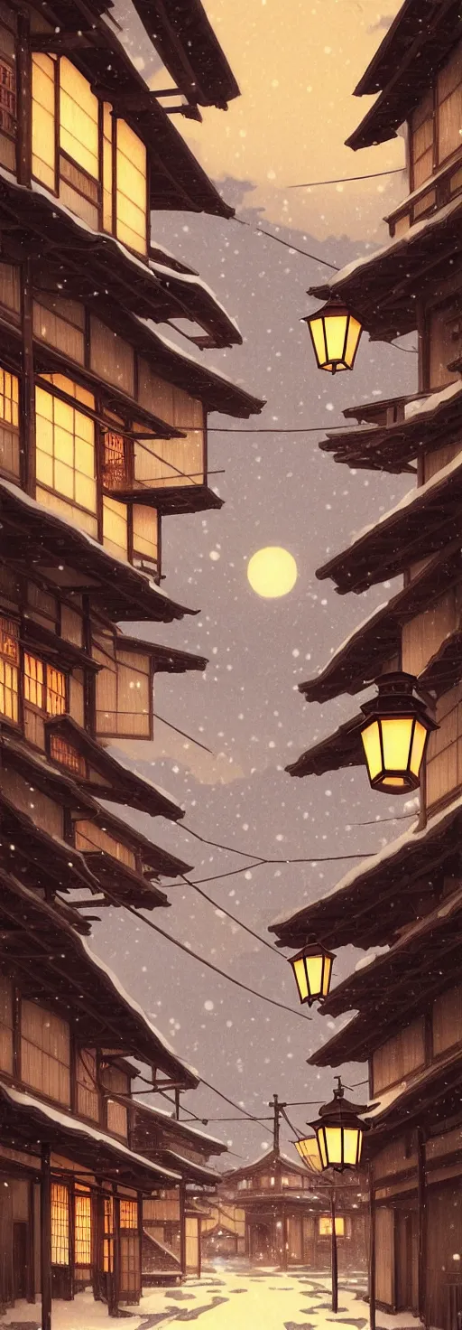 Image similar to empty rural japanese town at night, winter, in the style of studio ghibli, j. c. leyendecker, greg rutkowski, artem