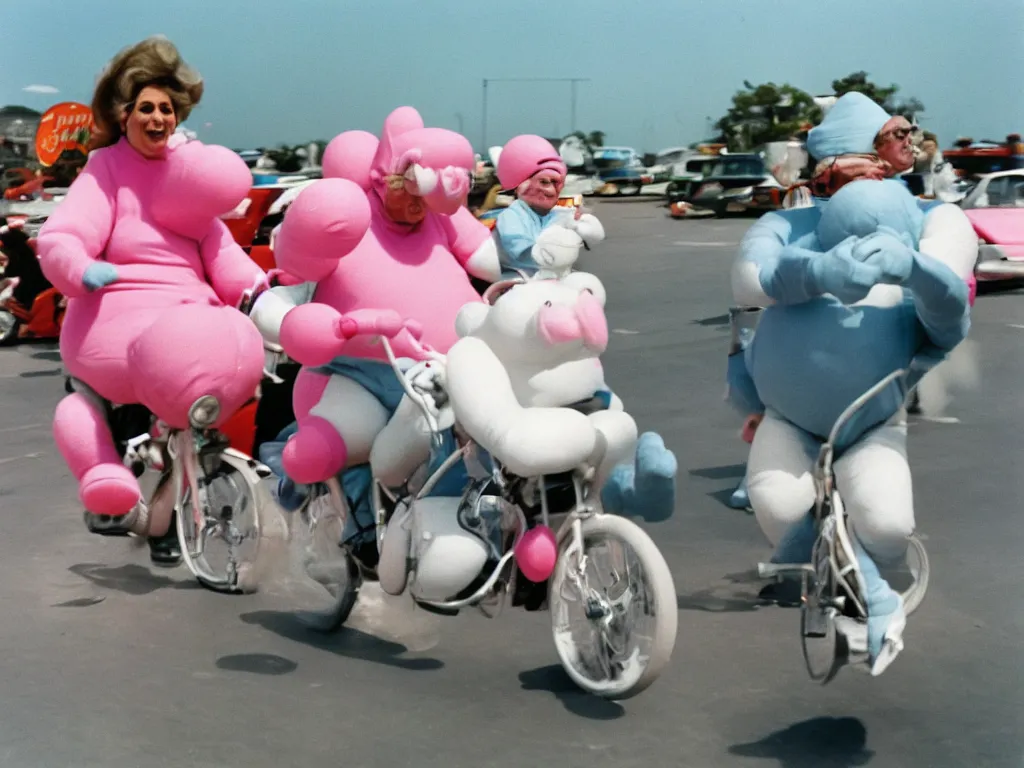 Image similar to a martin parr photo of a grandpa couple, wearing michelin man white body costumes, going super fast on a pink pig, 1 9 7 0 s kodachrome colour photo, flash on camera,