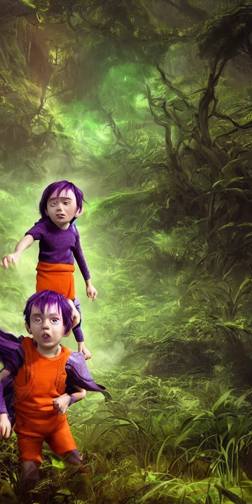 Prompt: little boy with purple hair wearing an orange and white striped outfit, surrounded by a green forrest, moody , lovecraft, giger, ridley scott, zack snyder, Fenghua Zhong, realistic cinematic lighting, establishing action shot, ultra detailed, hyper realism, photo, octane render