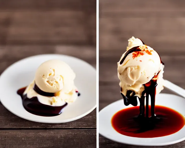 Prompt: dslr food photograph of vanilla ice cream with a crawfish, some chocolate sauce, 8 5 mm f 1. 4