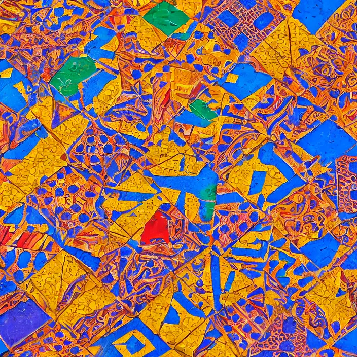 Prompt: hyper realistic wide shot of very detailed and colorful intricate perfectly tiling african geometric patterned tiles, flat lighting, top - down photograph, canon eos r 3, iso 2 0 0, 1 / 1 6 0 s, 8 k, raw, unedited, in - frame