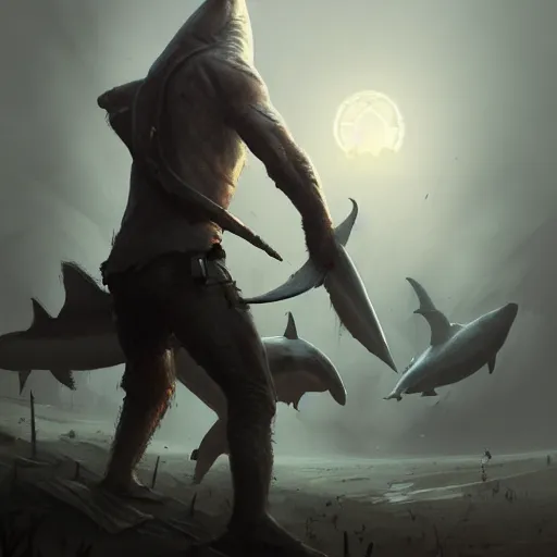 Prompt: anthropomorphic shark alone on a battlefield surrounded by corpses, casual clothes , horror , backlight, ,highly detailed, digital painting, artstation, concept art, matte, sharp focus, illustration, by Greg Rutkowski