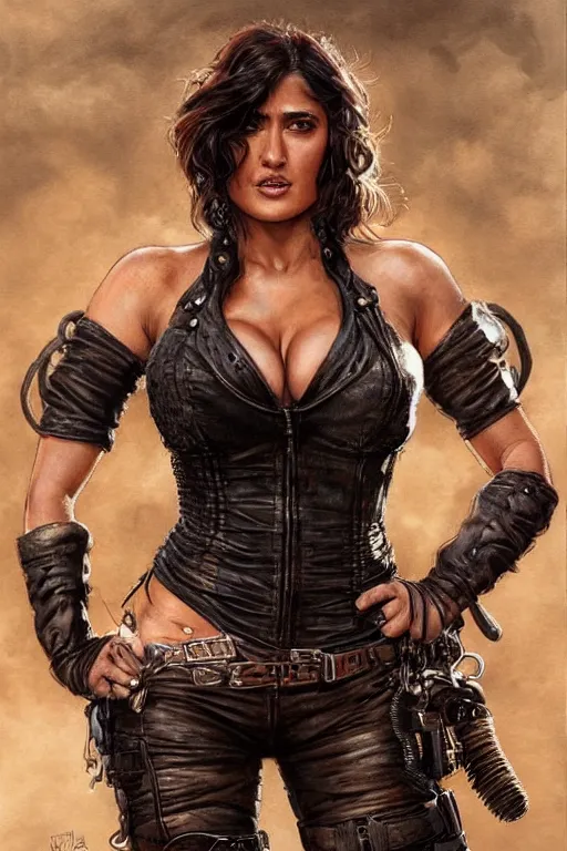Prompt: muscled Salma Hayek as a ruggedly handsome heroine , dressed in biker leather , mad max , intricate, elegant, highly detailed, centered, digital painting, artstation, concept art, smooth, sharp focus, illustration, art by artgerm and donato giancola and Joseph Christian Leyendecker, Ross Tran, WLOP