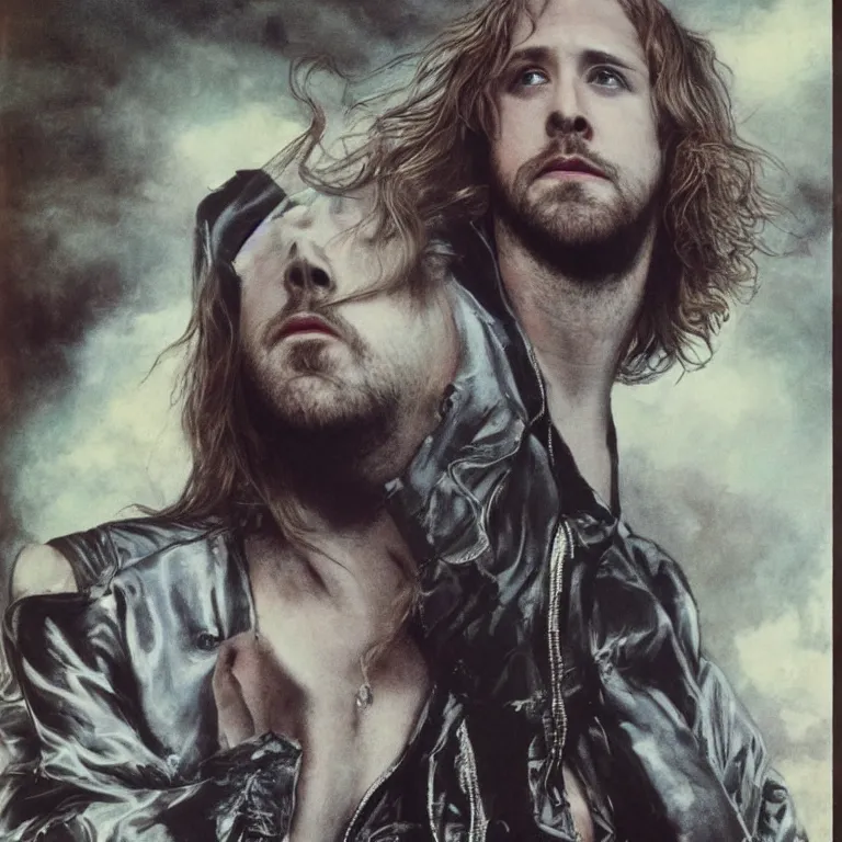 Image similar to Pre-Raphaelite portrait of Ryan Gosling as the leader of a cult 1980s heavy metal band standing on the hood of a muscle car, with very long blond hair and grey eyes, high saturation