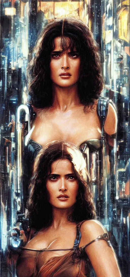 Image similar to young Salma Hayek as a replicant from blade runner, detailed, centered, digital painting, artstation, concept art, donato giancola, Joseph Christian Leyendecker, WLOP, Boris Vallejo, Breathtaking, 8k resolution, extremely detailed, beautiful, establishing shot, artistic, hyperrealistic, beautiful face, octane render