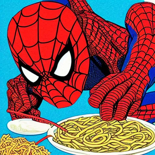 Prompt: spiderman eating noodles, old illustration for children's old book